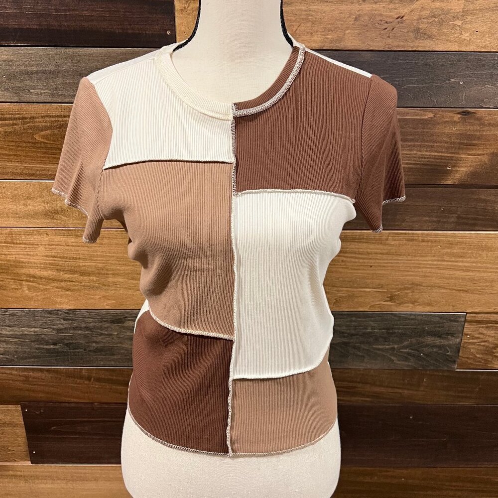 Hollister Brown and Cream Patchwork Baby Tee, Size Large
